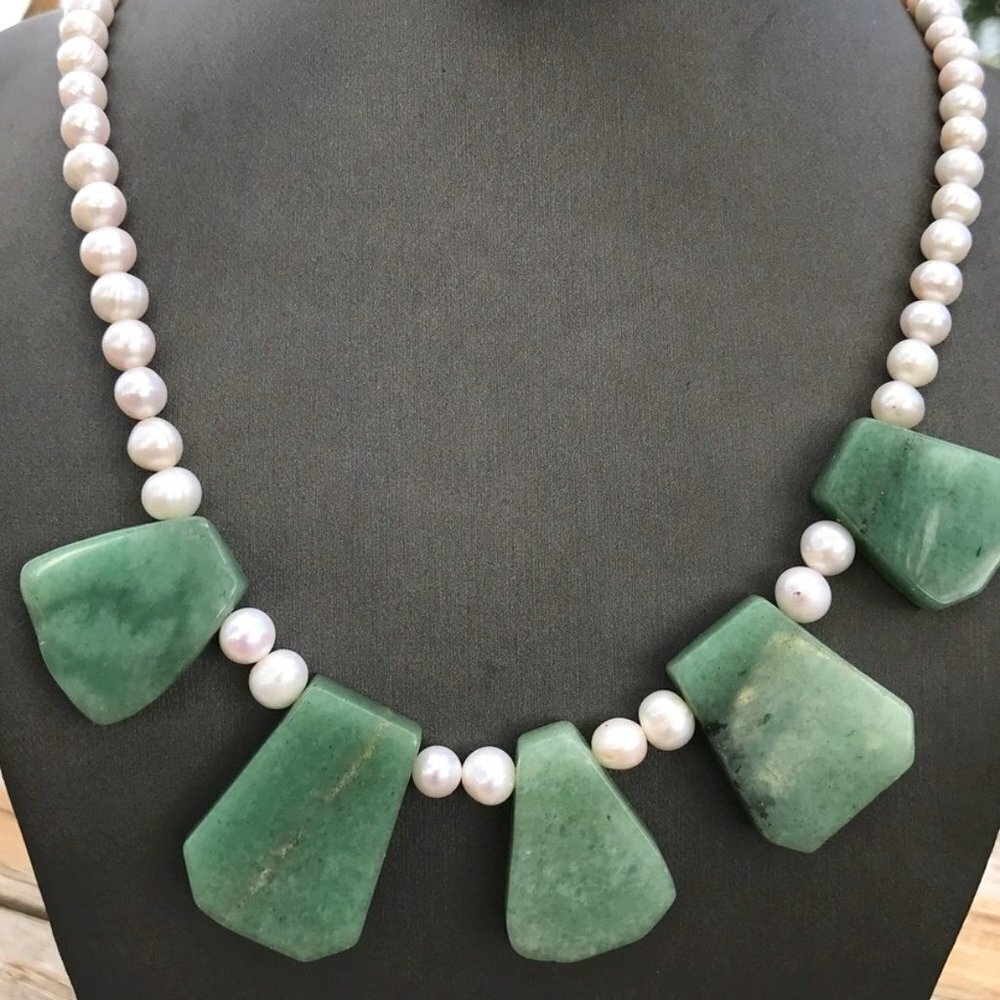 Genuine Natural Jade Nephrite Pearl Cleopatra Necklace Sterling Silver 925